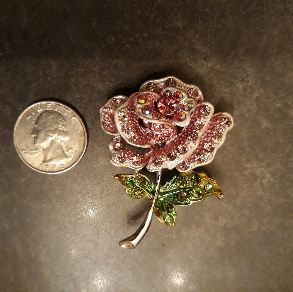 Pink and Green Rose Rhinestone Brooch